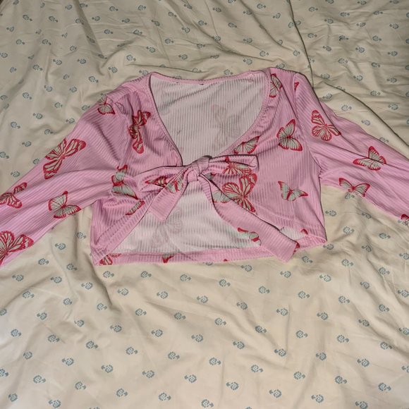Butterfly Long Sleeve Tie Crop Top - Picture 1 of 3